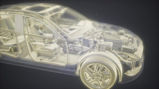 翻页动画摄影照片_3D线框汽车模型的全息动画与引擎和水獭技术部件。带发动机的3D线框汽车模型的全息动画