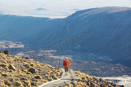 男子与新西兰火山同行，徒步旅行，徒步旅行，在新西兰旅行。