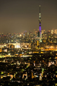 东京天空树、东京城市风光和日本东京夜间的天际线。东京夜生活。