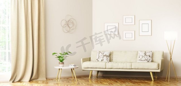 现代客厅室内设计，米色沙发，茶几，窗户3D渲染