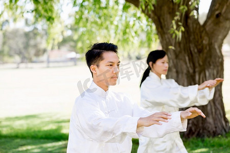 人们在公园练习太极拳。夏天在公园里练习太极的人们