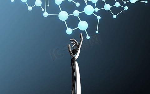 分子式化学摄影照片_科学、未来技术和进步概念-机器人手触摸在蓝色背景的分子公式。机械手触摸分子式