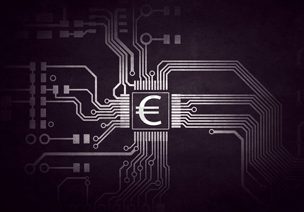 金钱观与电路板。带有弯板和欧元标志的货币背景概念