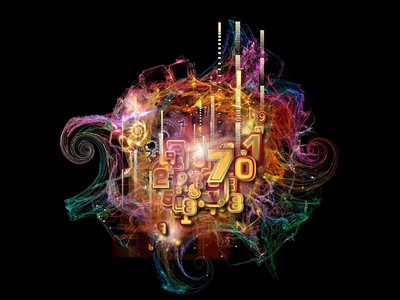 云网络系列数学、科学、教育和艺术主题上的数字、颜色和分形元素的排列