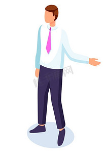 着衬衫和领带的行政人员,裤子,自信的家伙手势手,扁平风格的卡通人物