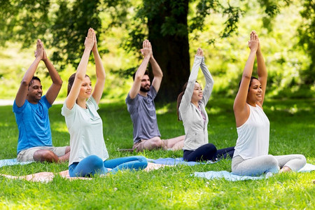 健身,运动和健康的生活方式概念-一群快乐的人在夏季公园做瑜伽.