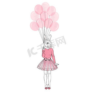 带着粉色气球的节日兔子女孩，拟人化的动物插图。动物装扮，拟人化的动物插图