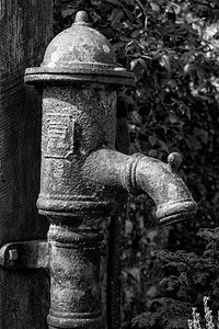 老式花园摄影照片_老式老生锈水泵在废弃的花园在黑色和白色