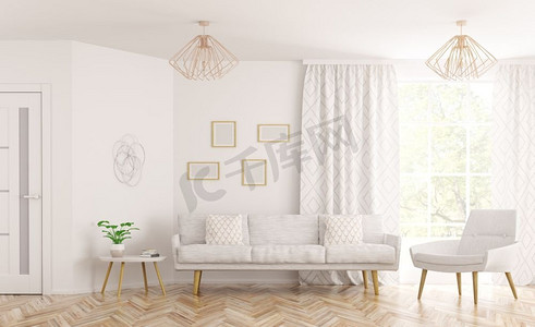 现代客厅室内设计--沙发、扶手椅、白色门窗3D渲染