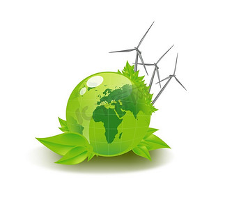 绿色地球和风力涡轮机的特写图片