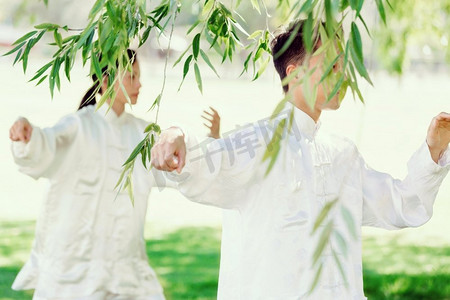 人们在公园里练太极拳。夏天人们在公园里练太极拳