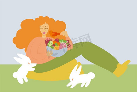 一个女孩吃一碗水果和蔬菜的插图与她周围的兔子—素食主义—拯救动物