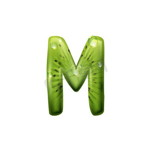 M绿色奇异果食品信孤立ABC部分。传染媒介夏天字母标志，热带水果.字母M食物字母标志孤立的ABC奇异果字体