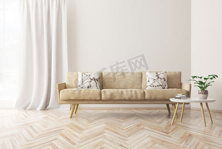 客厅现代内部设计与米色沙发，茶几，斯堪的纳维亚样式，3d渲染