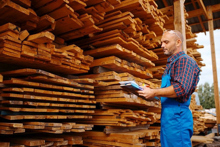 木匠在锯木厂，木材工业，木工上穿着统一的棋盘。工厂木材加工，林场锯木，室外仓库