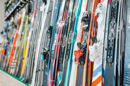 体育商店里的一排排滑雪板，特写镜头，没有人。冬季极致，活动休闲，展示装备