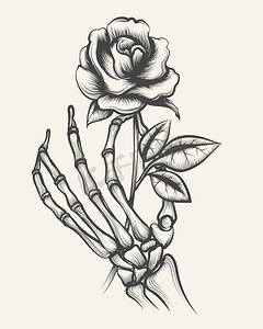 玫瑰花花矢量摄影照片_骨瘦如柴的手和玫瑰花。手绘骷髅手玫瑰花雕刻矢量插图