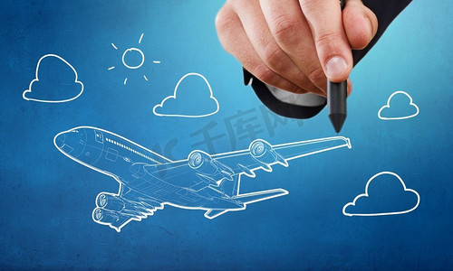 国航客机摄影照片_飞机设计人画飞机模型在天空背景