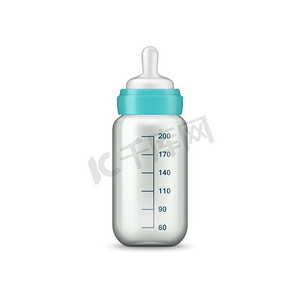 婴儿与奶瓶摄影照片_婴儿奶瓶隔离传染媒介玻璃或塑料瓶与硅橡胶安抚奶嘴。牛奶瓶与奶嘴模型孤立的图标
