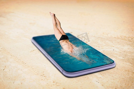 游泳者跳进游泳池是用大手机屏幕制作的。始终保持接触或上网成瘾的观念，社交成瘾的人。缩尺效应