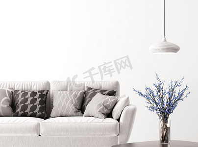 客厅的现代内部背景与沙发，花瓶与花树枝和灯3d渲染。内部背景与沙发3d渲染