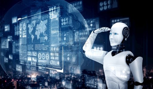 人形 ai 机器人看着全息图屏幕,显示通过机器学习过程使用人工智能