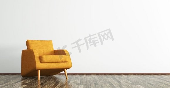 客厅内部，棕色木地板上有橙色织物扶手椅，3D渲染