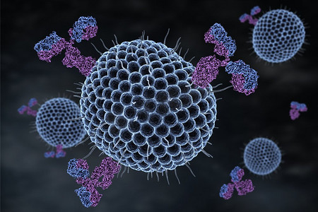 细菌流线摄影照片_疱疹病毒和抗体。疱疹病毒和抗体。3D例证
