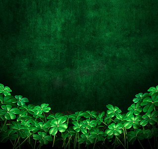 三叶草绿色垃圾背景与四叶三叶草与文案空间作为圣帕特里克或爱尔兰庆祝活动的象征作为3D插图。