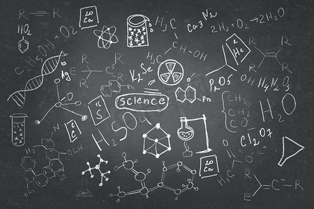 一套化学素描。黑板上有化学课图画的背景图像