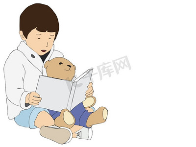 小孩子坐在地板上，在白色背景下为泰迪熊读一本书