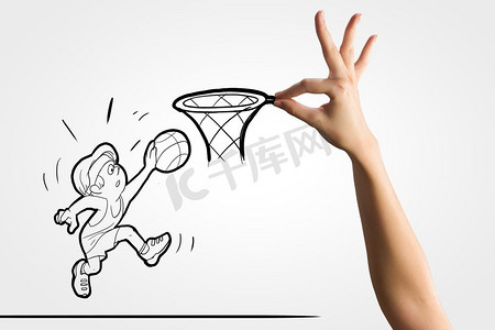 运动员漫画摄影照片_篮球比赛。篮球运动员把球投进篮筐的滑稽漫画