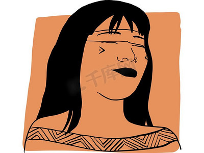 手绘一位部落妇女的轮廓肖像，样本颜色为橙色。不同的人和肤色的抽象集合。多样性概念