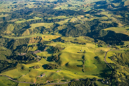 鸟瞰新西兰北岛独特的火山丘陵景观。从新奥克兰飞机上拍摄的全景照片。