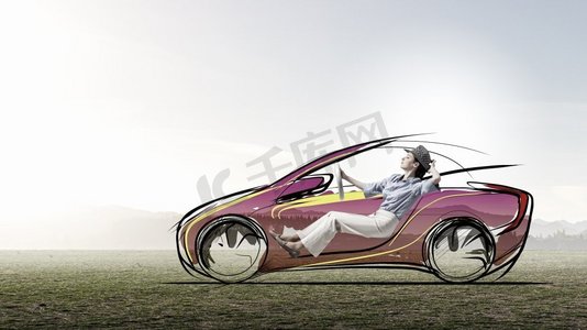 驾驶老式拉车的女人.摩托车跑车