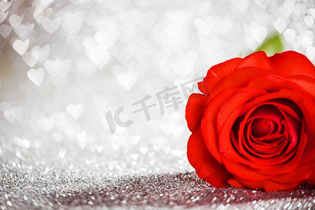 美丽的红玫瑰心形散景闪烁背景。红玫瑰闪烁