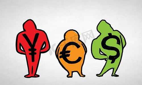 货币概念。有趣的卡通人与货币标志在白色背景