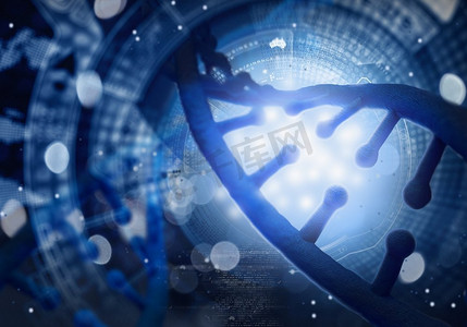 dna分子摄影照片_DNA分子。蓝色背景下DNA分子的生物化学概念
