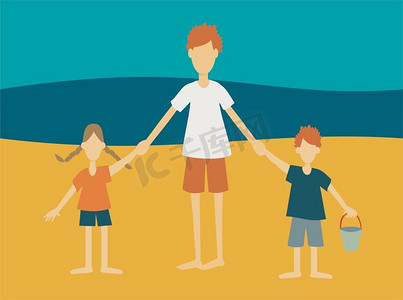 父亲与孩子一起在海滩散步的插图—父亲节庆祝活动