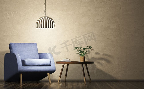 现代客厅晚间内饰，配有蓝色扶手椅、台灯和茶几，3D渲染