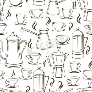 咖啡无缝图案设计。咖啡无缝图案设计。矢量纹理与咖啡壶杯和烟