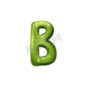 奇异果水摄影照片_B字母孤立夏果字母符号。传染媒介ABC标志由热带奇异果制成。字母B的猕猴桃与种子，ABC和水滴