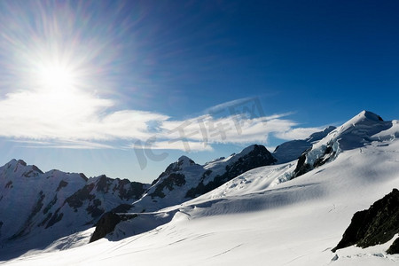 雪山。白雪皑皑，蓝天晴朗的山景