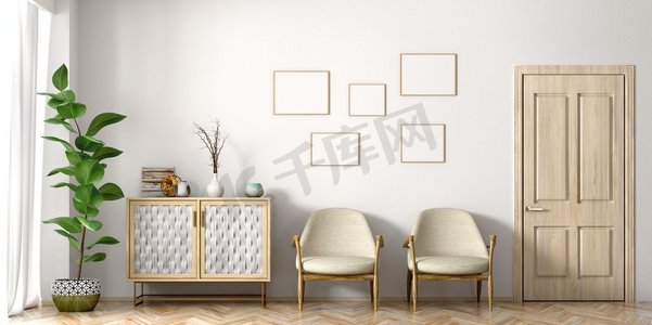 米色沙发摄影照片_带有扶手椅、门和橱柜的现代客厅内部，家居设计3D渲染
