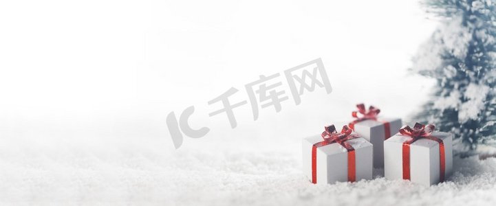 圣诞树和礼物盒在雪隔绝在白色背景。圣诞树和礼物
