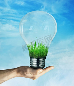 人的手拿着一个灯泡，与绿色的草生长在里面，在蓝天背景。节能理念，环保生态。