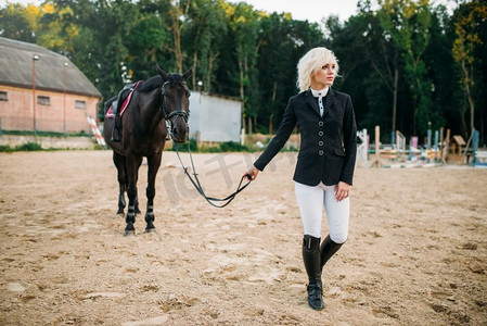 女子骑马摄影照片_年轻女子在骑师制服和马，骑马。棕色种马，休闲与动物，马术运动