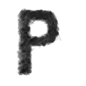 字母P由黑色的云或烟雾在白色背景与复制空间，不渲染。字母P由黑色的云在白色背景。