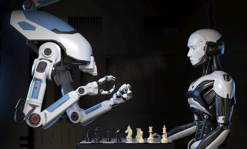 科幻工业机器人和半机械人下国际象棋。3D插图。两个机器人在下一盘棋