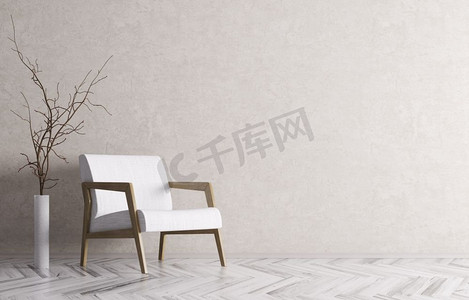 粉刷墙摄影照片_客厅内部有白色扶手椅和粉刷墙的分支3D渲染